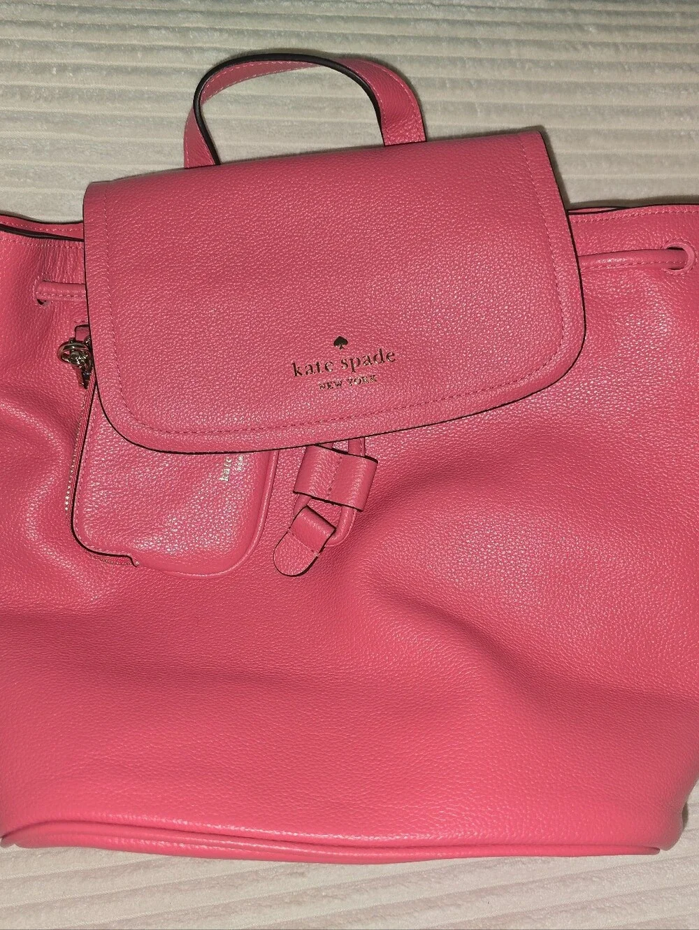 KATE SPADE Pink Leather Rosie Medium Flap Backpack w Keychain Pouch Stripe Strap